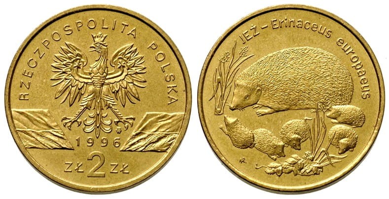 2 zł Jeż (łac. Erinaceus europaeus) 1996