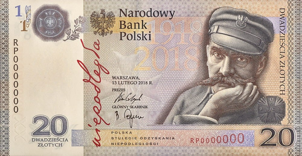 20 zł 100-lecie niepodległości -J. Piłsudski 2018